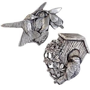 VTG Brooch Lot of 2 Signed Birds & Blooms Pewter Nature Hummingbird Birdhouse